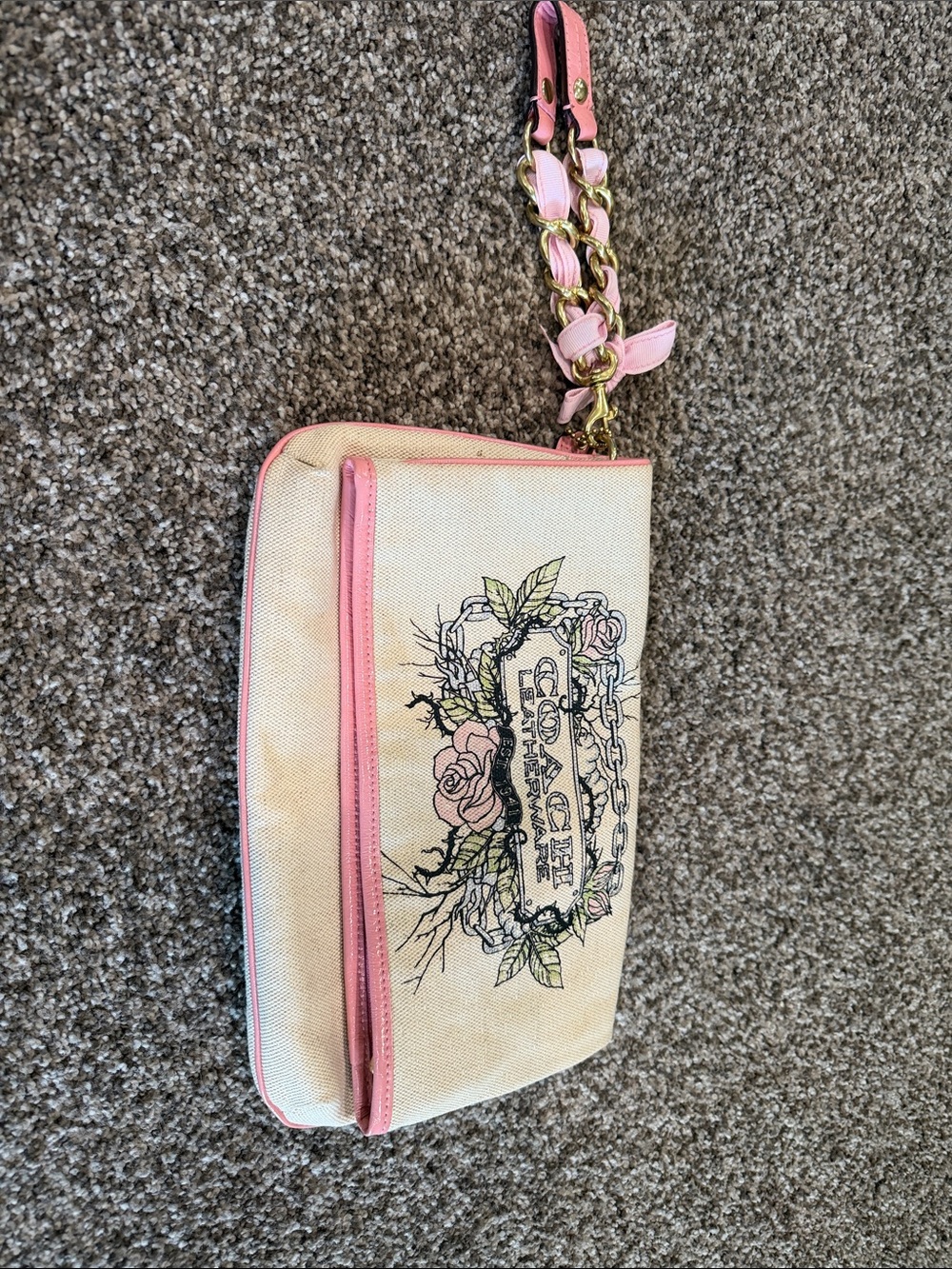 Coach Pink-Trim Canvas Floral Logo Wristlet